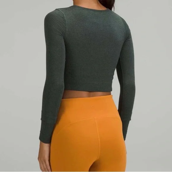 Lululemon Ebb To Street Ribbed Longsleeve Shit in Smoked Spruce Green Size 10 - Picture 2 of 7